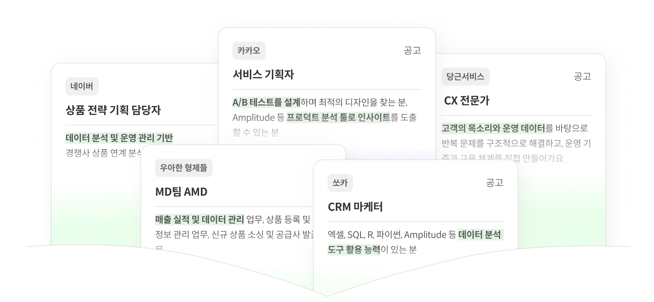 데이터 기반 문제 해결 능력이 필요한 다양한 직무의 채용 공고 예시