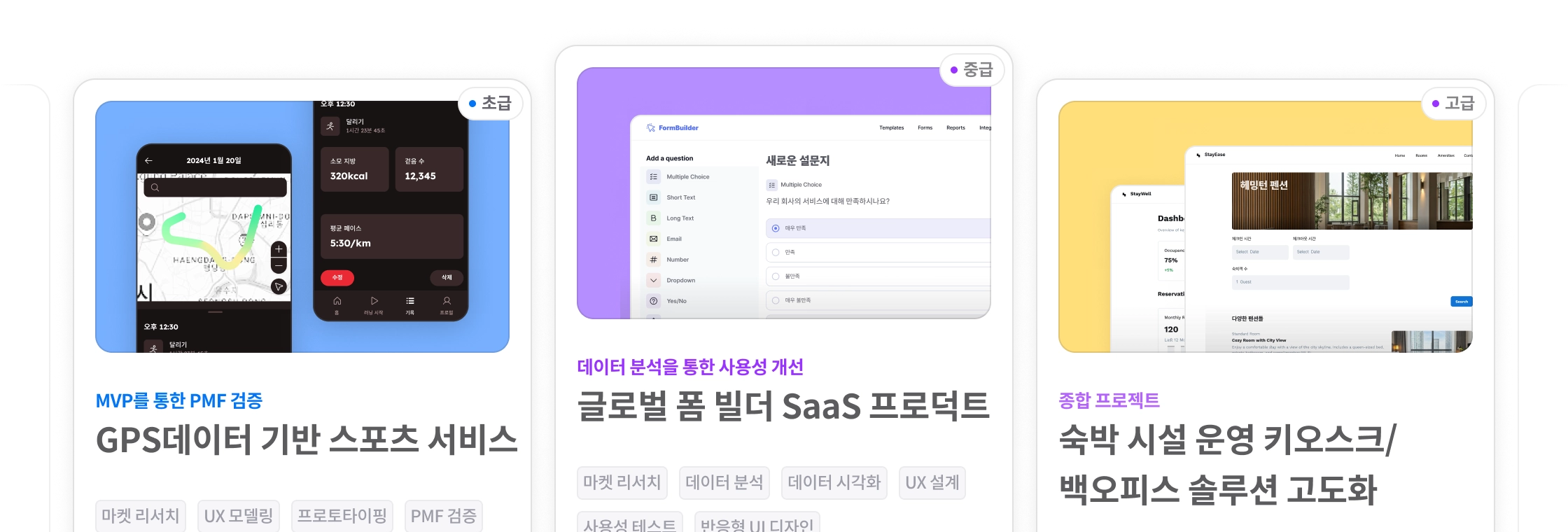 GPS데이터 기반 스포츠 서비스, 글로벌 폼 빌더 SaaS, 숙박 시설 운영 키오스크/백오피스 솔루션 등 다양한 실무 프로젝트 예시 이미지